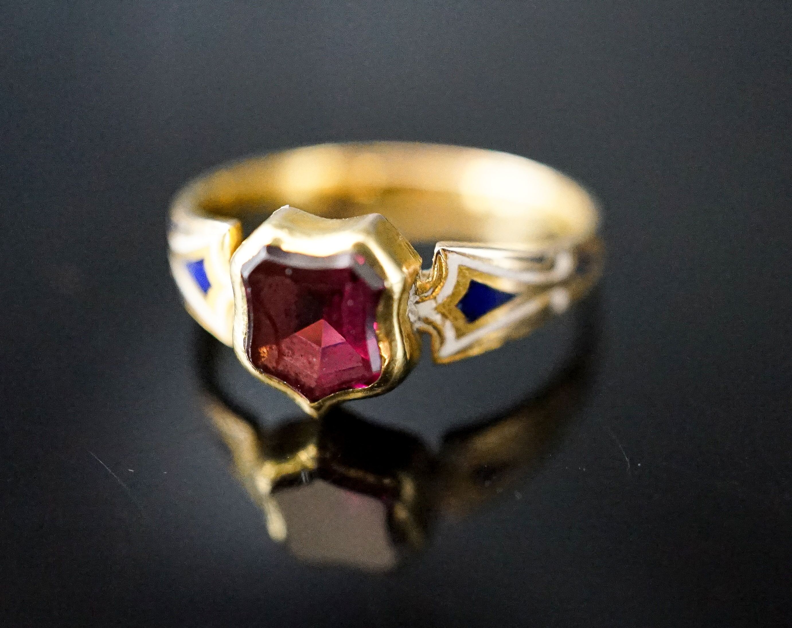 A Victorian two coloured enamel, yellow metal and foiled garnet signet ring, size M